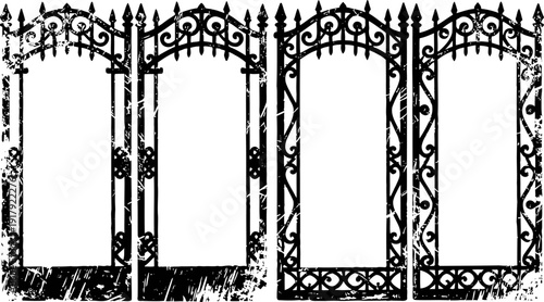 Ornate wrought iron gates set vintage decorative fences with pointed tops and floral patterns grunge isolated vector design
