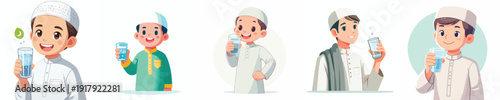 half body vector of a little muslim boy holding a glass of water to break the fast
