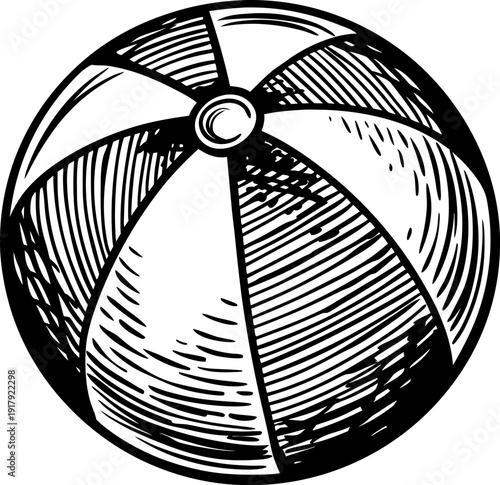 Vintage hand drawn beach ball illustration with alternating curved panels and shading detail