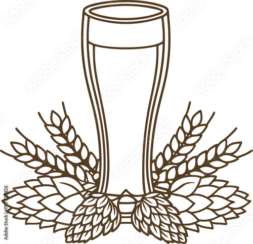 Beer glass with barley and hops illustration brewing ingredients and craft beer concept design