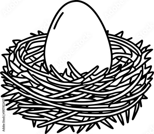 Egg in bird nest line art illustration with twigs detailed design