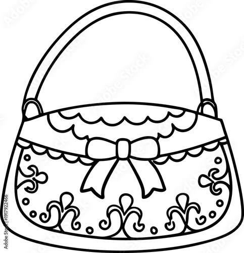 Vintage handbag outline with bow and floral decorative patterns in black and white