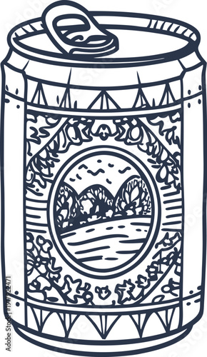 Decorative beverage can with landscape design and intricate ornamental patterns
