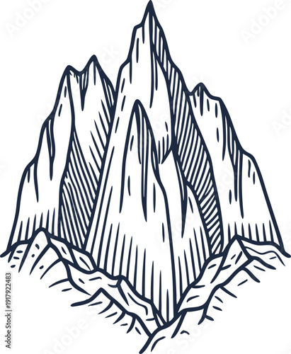 Hand drawn mountain peaks with sharp ridges and rocky textures in detailed vintage illustration