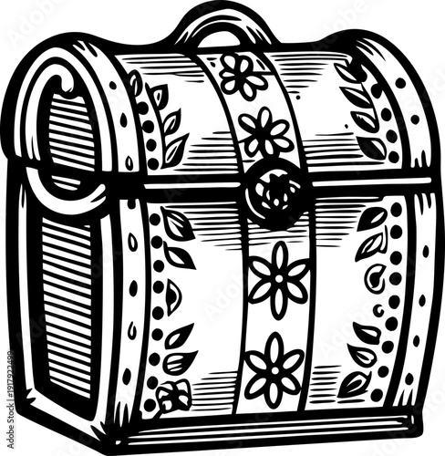 Decorative treasure chest with floral patterns and hinges, vintage wooden storage box illustration