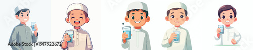 half body vector of a little muslim boy holding a glass of water to break the fast