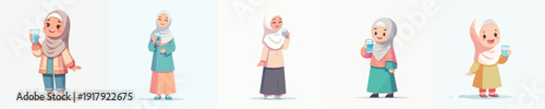 vector of a little muslim girl holding a glass of water to break the fast