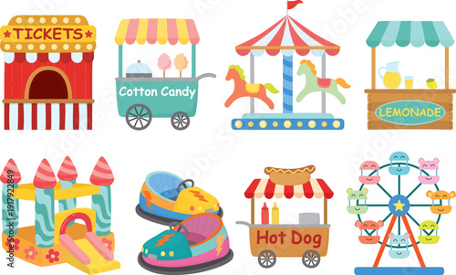 Set with amusement park attractions and food courts. Bumper cars, cotton candy, lemonade stand, carousel, hot dogs, inflatable bounce house, ferris wheel, ticket booth