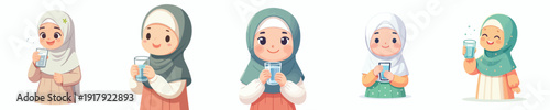 half body vector of a little muslim girl holding a glass of water to break the fast