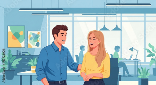 Colleagues sharing a moment of trust and collaboration in modern office environment with large window