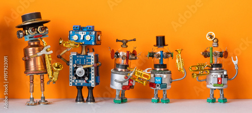 Quintet of toy robot musicians playing brass instruments, saxophone and trumpets. Jazz band concept, concert poster advertisement