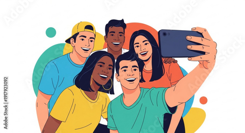 Diverse group of friends taking a selfie together with colorful background and vibrant atmosphere