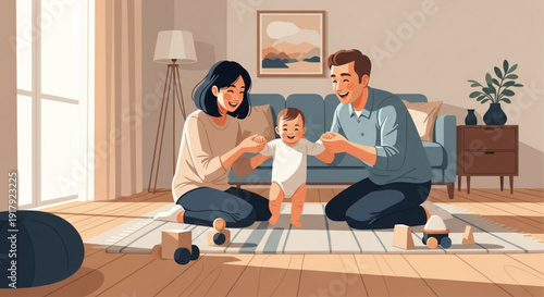Happy family with parents and baby playing together on living room floor with toys and furniture