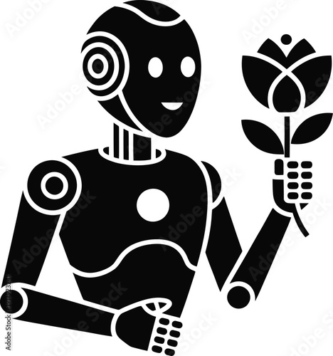 Cute robot holding flower icon representing artificial intelligence and nature connection