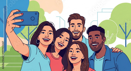 Group of happy friends taking selfie in park with cityscape background