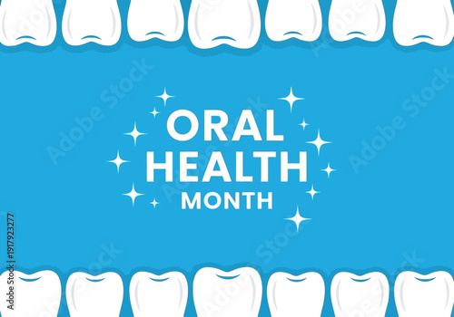 Oral health month awareness poster with white teeth on blue background