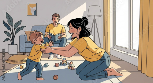 Happy family playing together on living room floor with toys and blocks