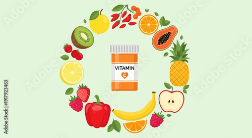 Assorted fruits surrounding a vitamin supplement bottle in a circular arrangement.