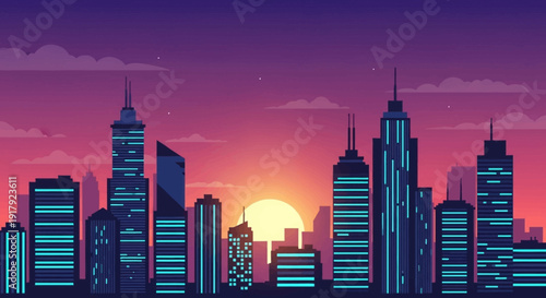 City skyline at sunset with modern skyscrapers and vibrant colors.