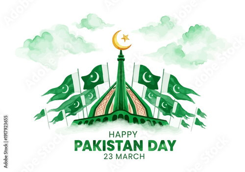 Pakistan day celebration with green flags and mosque illustration