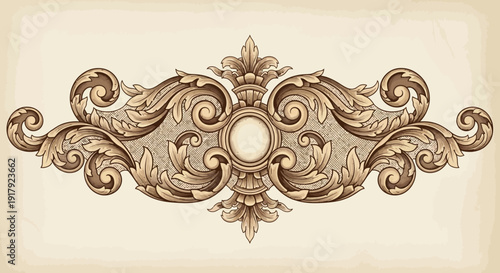 Vintage ornate decorative element with floral patterns and swirling motifs.