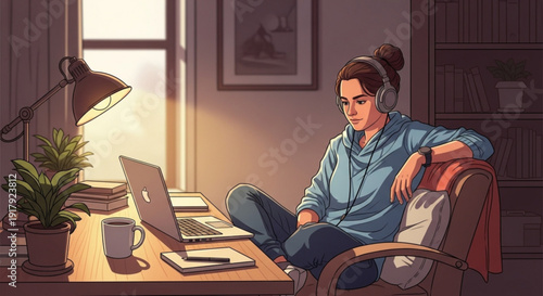 Woman wearing headphones relaxing with laptop on desk in cozy home office with books and plants