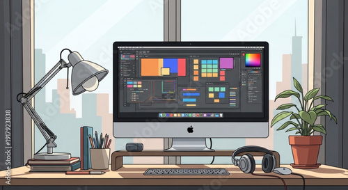 Graphic designer workspace with computer lamp plant and headphones on desk by window with city view