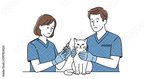 Veterinarians examining a white cat at a clinic.