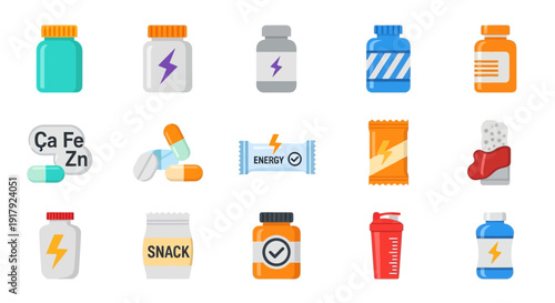 Collection of various supplement and nutrition icons.