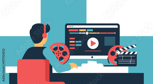 Video Editor Working on Computer with Film Reels and Clapperboard.