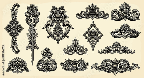 Collection of ornate black decorative elements and flourishes on beige background.