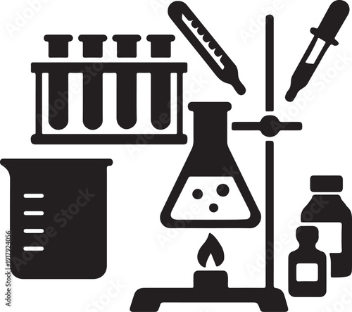 Chemistry Laboratory Equipment Collection Black Silhouette Vector Illustration