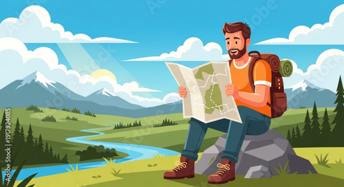Man sitting on rock with backpack studying map in scenic landscape with river and mountains