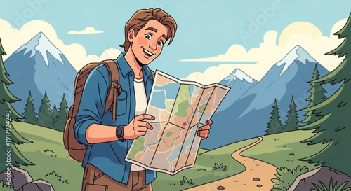 Young man with backpack looking at map on hiking trail in mountains with trees and scenic view