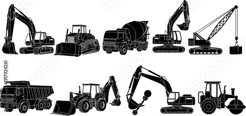 Set of heavy construction machinery black silhouettes including excavator bulldozer crane and dump truck vector illustration