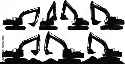 Excavator construction machine silhouette collection isolated on white background heavy equipment vector illustration set