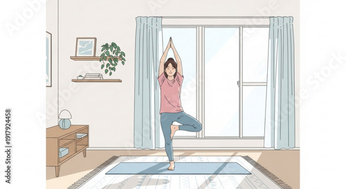 Woman practices yoga in a serene home environment with natural light