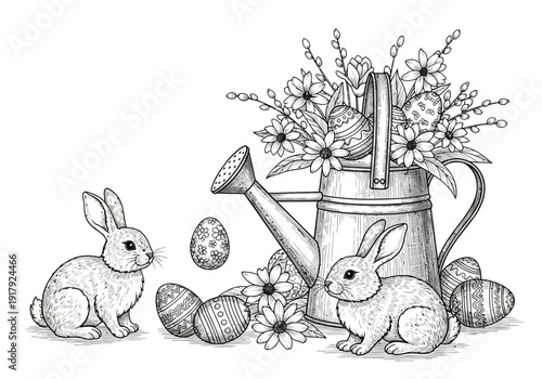 Easter bunny and watering can with flowers and eggs