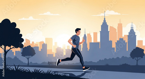 Man jogging on a city sidewalk at sunset with skyscrapers in the background and trees on the side