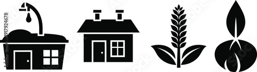 Rural landscape icons including house wheat and farm elements