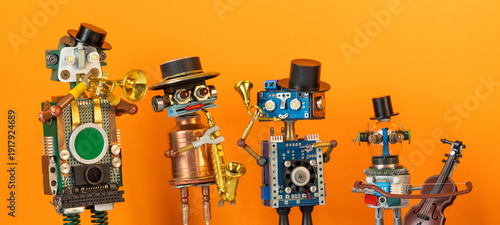 Photography Quartet of funny kind toy robot musicians playing jazz on saxophone, trumpets and double bass