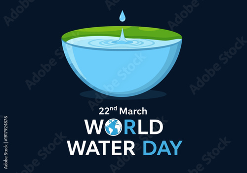 World water day illustration with blue bowl and green interior on dark blue background