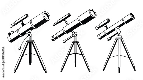 Set of sleek, modern telescopes on tripods, representing astronomy, science, and exploration, isolated on white.
