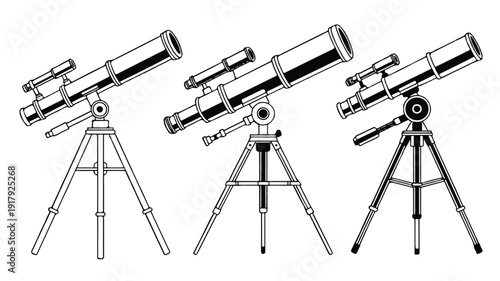 Collection of diverse telescopes mounted on tripods, perfect for illustrating themes of scientific discovery and cosmic observation.