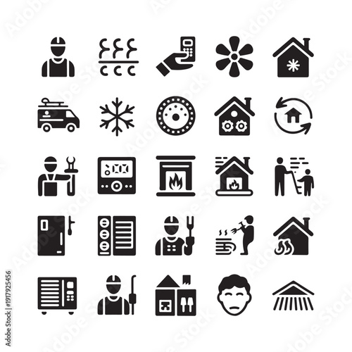 A diverse set of black glyph icons representing heating, ventilation, air conditioning, and related home services