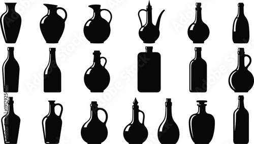 Vintage bottle and jug silhouette collection isolated on white background antique glass container vector illustration set