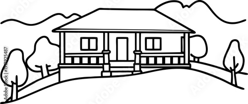 Simple outline of countryside house with porch on hill surrounded by trees and mountains