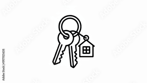 Simple black line icon of house keys with keyring and small home shaped keychain, clean outline vector, minimal flat design, thin stroke, centered composition, isolated on white background.