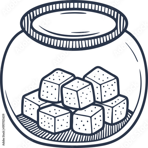 Sugar cubes inside a round glass jar jar container with sweet granulated sugar cubes simple kitchen storage illustration
