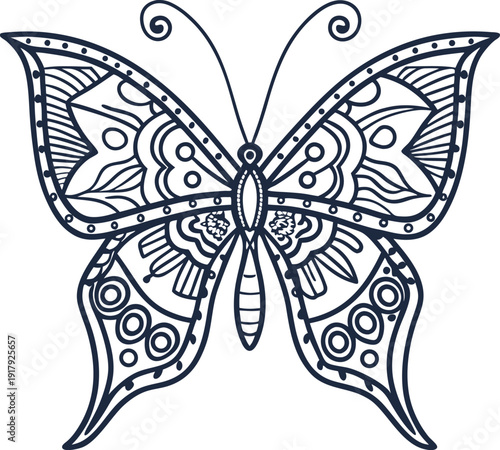 Intricate butterfly drawing with ornamental patterns and symmetrical design line art